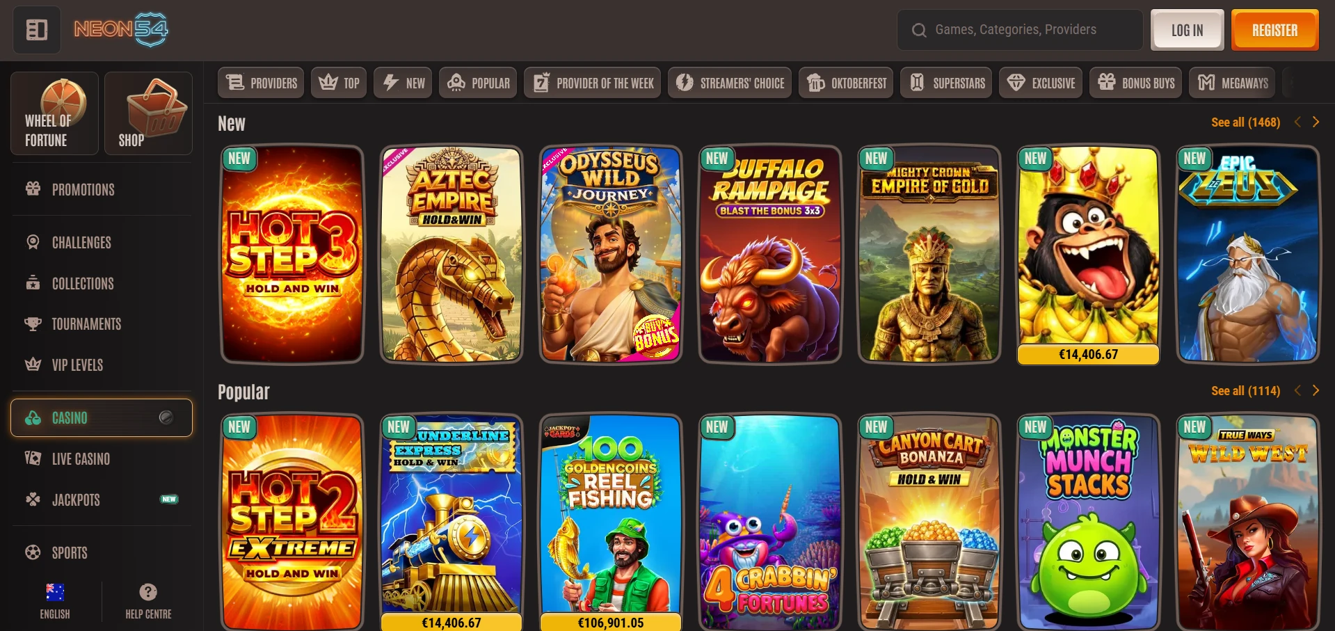 Neon54 game lobby with pokie icons